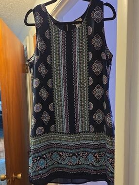Sleeveless Navy Shift Dress with Multicolor Medallion Print